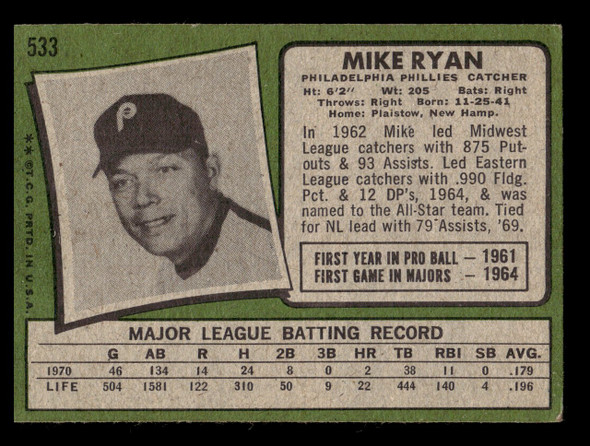 1971 Topps Mike Ryan #533 Philadelphia Phillies VG back of card