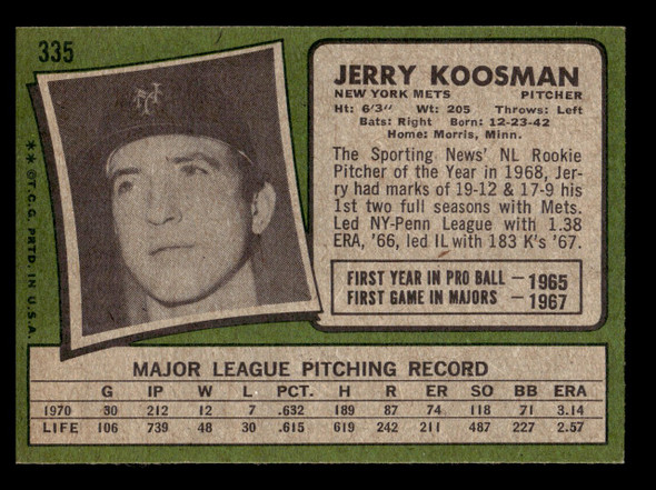 1971 Topps Jerry Koosman #335 New York Mets VG back of card