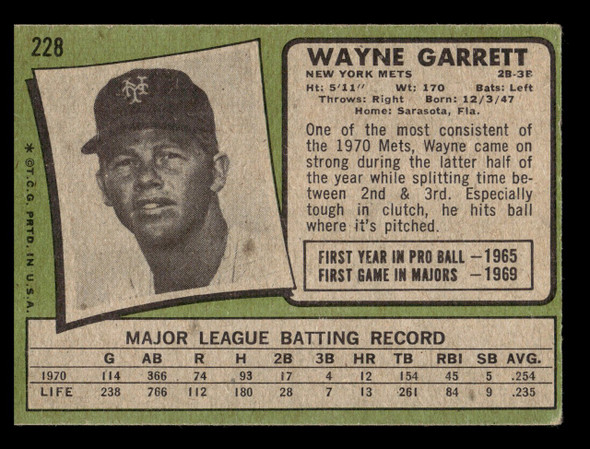 1971 Topps Wayne Garrett #228 New York Mets VG back of card