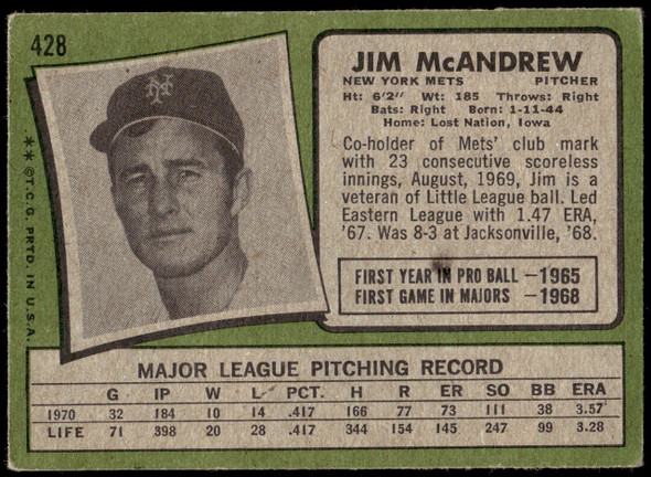 1971 Topps Jim McAndrew #428 New York Mets VG back of card