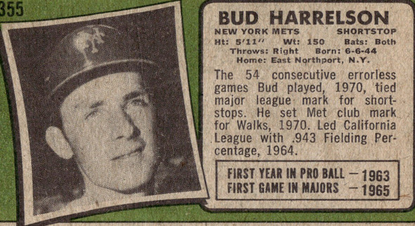 1971 Topps Bud Harrelson #355 New York Mets HOF Low Grade - Creases back of card