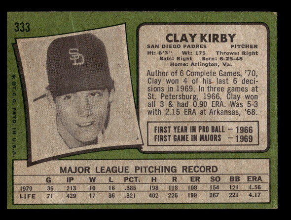 1971 Topps Clay Kirby #333 San Diego Padres VG back of card