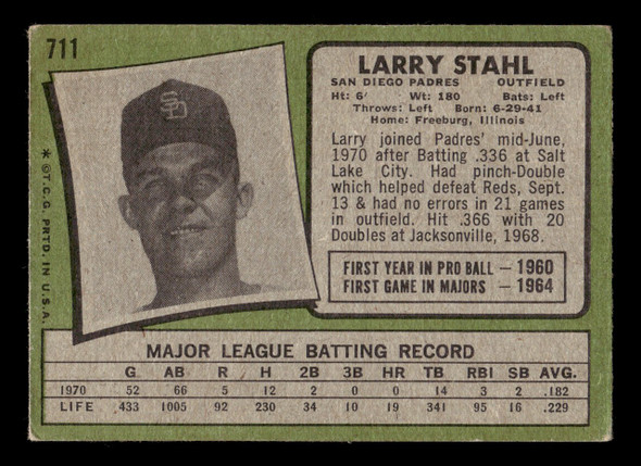 1971 Topps Larry Stahl #711 San Diego Padres High Number SP Good back of card