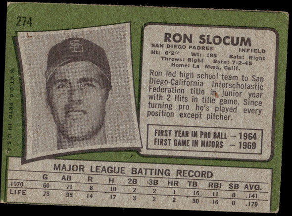 1971 Topps Ron Slocum #274 San Diego Padres VG back of card