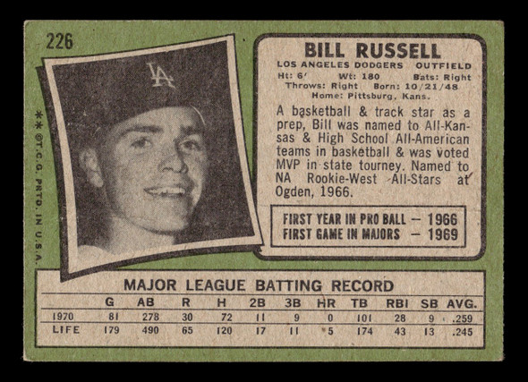 1971 Topps Bill Russell #226 Los Angeles Dodgers Low Grade - Creases back of card