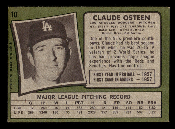 1971 Topps Claude Osteen #10 Los Angeles Dodgers Good back of card