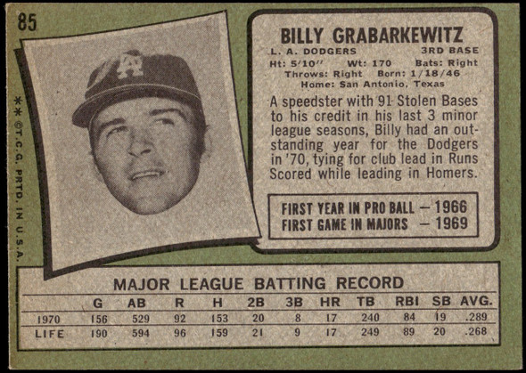 1971 Topps Billy Grabarkewitz #85 Los Angeles Dodgers Good back of card