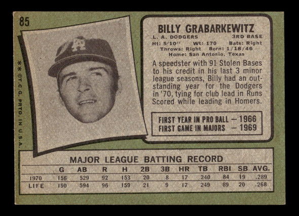 1971 Topps Billy Grabarkewitz #85 Los Angeles Dodgers Good back of card
