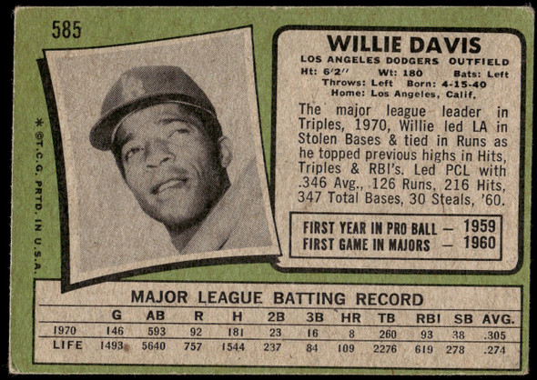 1971 Topps Willie Davis #585 Los Angeles Dodgers VG back of card