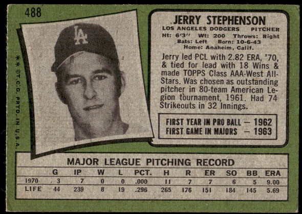 1971 Topps Jerry Stephenson #488 Los Angeles Dodgers VG back of card
