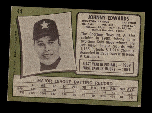 1971 Topps Johnny Edwards #44 Houston Astros VG back of card