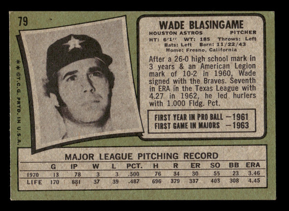 1971 Topps Wade Blasingame #79 Houston Astros VG back of card
