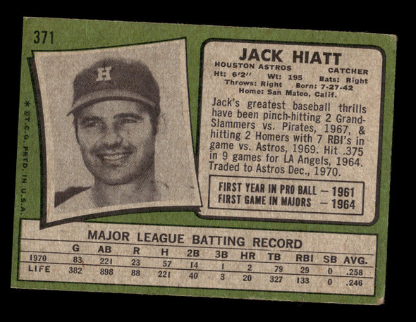 1971 Topps Jack Hiatt #371 Houston Astros Good back of card