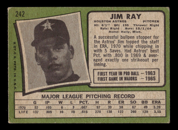 1971 Topps Jim Ray #242 Houston Astros Low Grade - Creases back of card