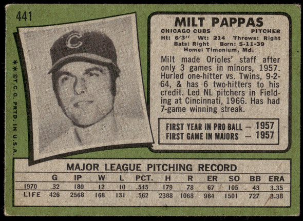 1971 Topps Milt Pappas #441 Chicago Cubs Good back of card