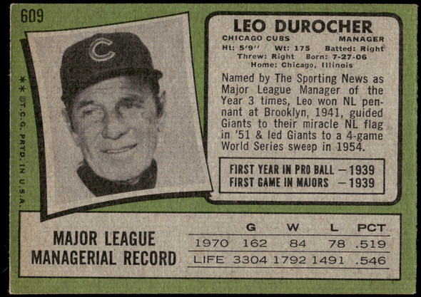 1971 Topps Leo Durocher #609 Chicago Cubs HOF VG back of card
