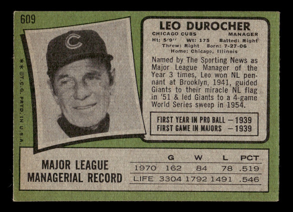 1971 Topps Leo Durocher #609 Chicago Cubs HOF VG back of card