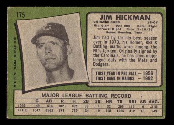 1971 Topps Jim Hickman #175 Chicago Cubs Good back of card