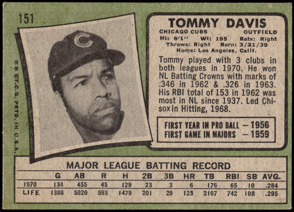 1971 Topps Tommy Davis #151 Chicago Cubs Good back of card