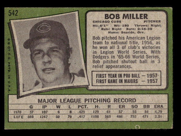 1971 Topps Bob Miller #542 Chicago Cubs Good back of card