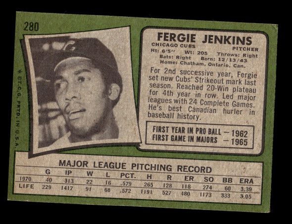 1971 Topps Fergie Jenkins #280 Chicago Cubs HOF Good back of card