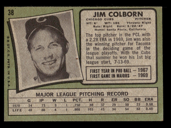 1971 Topps Jim Colborn #38 Chicago Cubs RC Good back of card