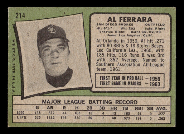 1971 Topps Al Ferrara #214 San Diego Padres Good back of card