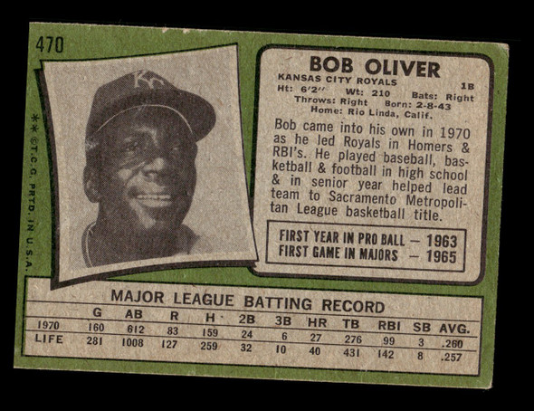1971 Topps Bob Oliver #470 Kansas City Royals VG back of card