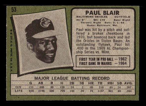 1971 Topps Paul Blair #53 Baltimore Orioles Good back of card
