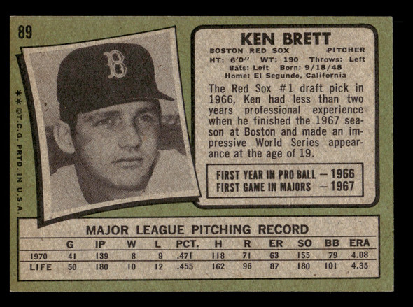 1971 Topps Ken Brett #89 Boston Red Sox VG back of card