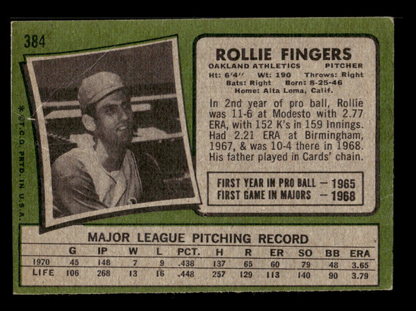 1971 Topps Rollie Fingers #384 Oakland Athletics HOF Low Grade - Creases back of card