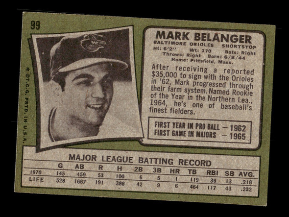 1971 Topps Mark Belanger #99 Baltimore Orioles VG back of card