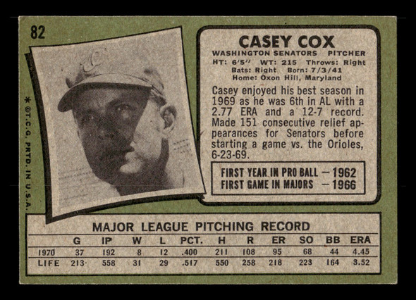 1971 Topps Casey Cox #82 Washington Senators VG — Example B back of card