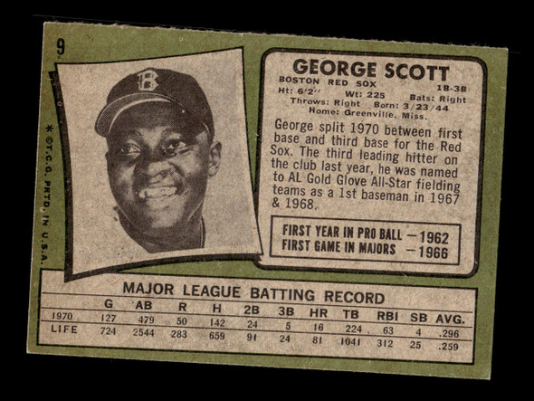 1971 Topps George Scott #9 Boston Red Sox VG back of card