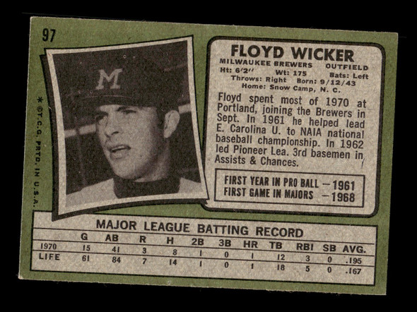 1971 Topps Floyd Wicker #97 Milwaukee Brewers VG back of card