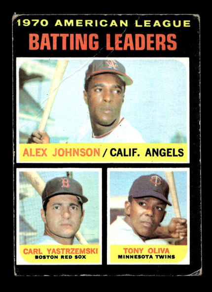 1971 Topps Alex Johnson / Carl Yastrzemski / Tony Oliva #61 1970 American League Batting Leaders HOF Low Grade - Creases — Example A front of card