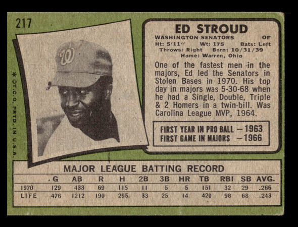 1971 Topps Ed Stroud #217 Washington Senators Good back of card