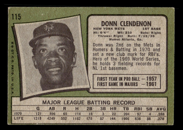 1971 Topps Donn Clendenon #115 New York Mets Low Grade - Creases Example B back of card