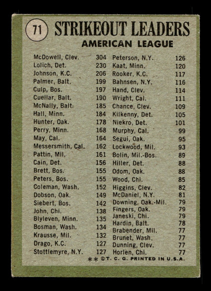 1971 Topps Sam McDowell / Mickey Lolich / Bob Johnson #71 Strikeout Leaders Good back of card