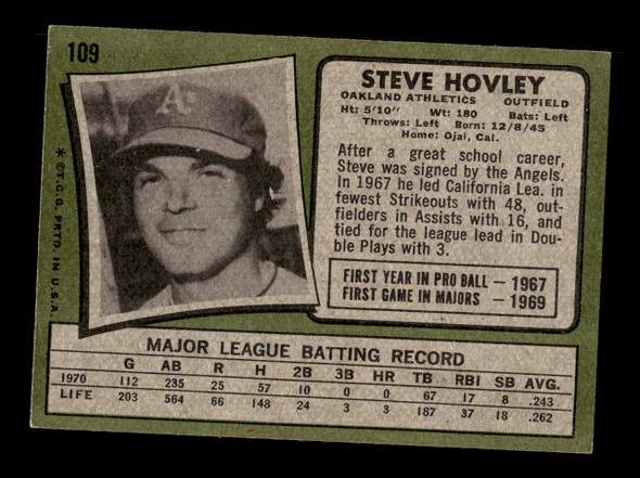 1971 Topps Steve Hovley #109 Oakland Athletics VG back of card