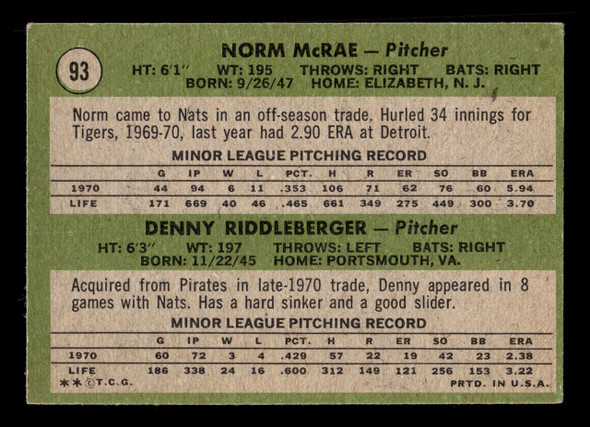 1971 Topps Norm McRae / Denny Riddleberger #93 1971 Rookie Stars RC Good back of card