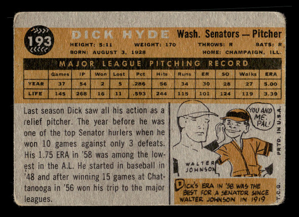 1960 Topps Dick Hyde #193 Washington Senators VG back of card