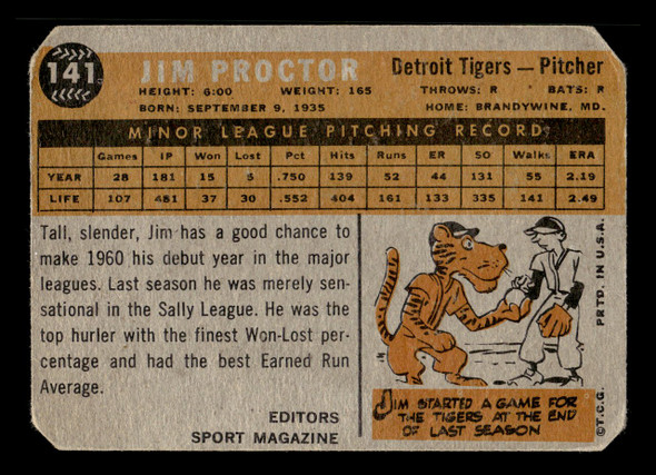 1960 Topps Jim Proctor #141 Detroit Tigers RC VG back of card