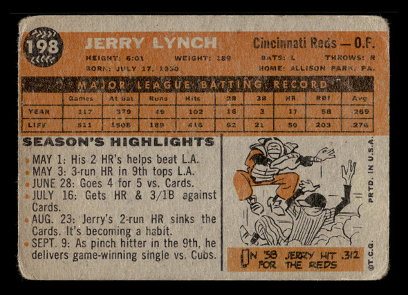 1960 Topps Jerry Lynch #198 Cincinnati Reds Low Grade - Creases — Example B back of card