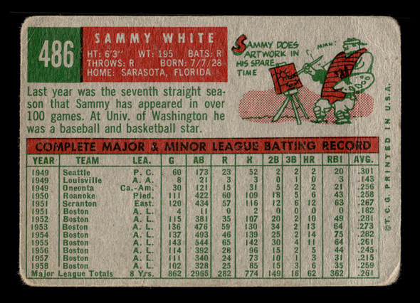 1959 Topps Sammy White #486 Boston Red Sox VG back of card