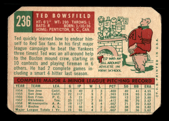 1959 Topps Ted Bowsfield #236 Boston Red Sox Fair back of card
