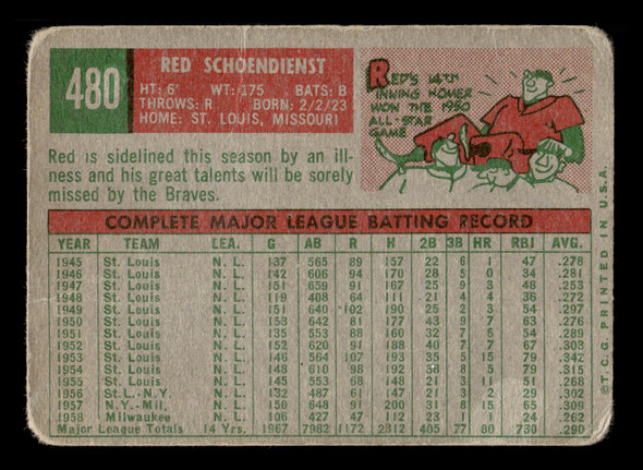 1959 Topps Red Schoendienst #480 Milwaukee Braves HOF Low Grade - Creases back of card