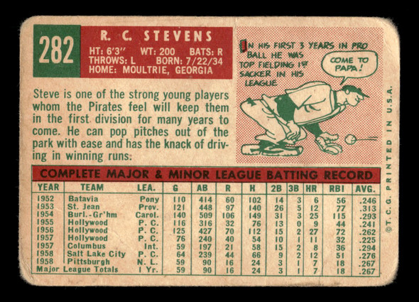 1959 Topps R. C. Stevens #282 Pittsburgh Pirates Low Grade - Creases back of card
