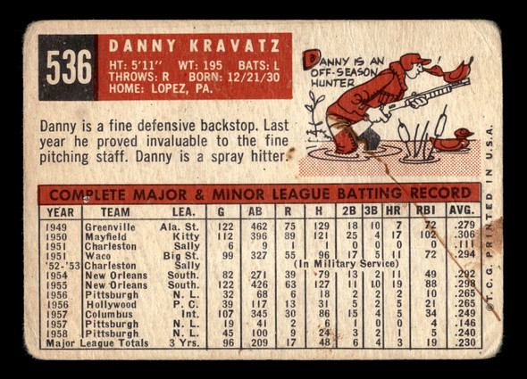 1959 Topps Danny Kravitz #536 Pittsburgh Pirates High Number Low Grade - Marks back of card