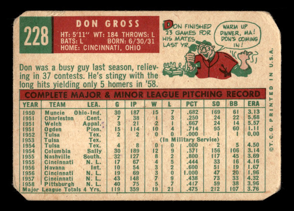 1959 Topps Don Gross #228 Pittsburgh Pirates VG back of card